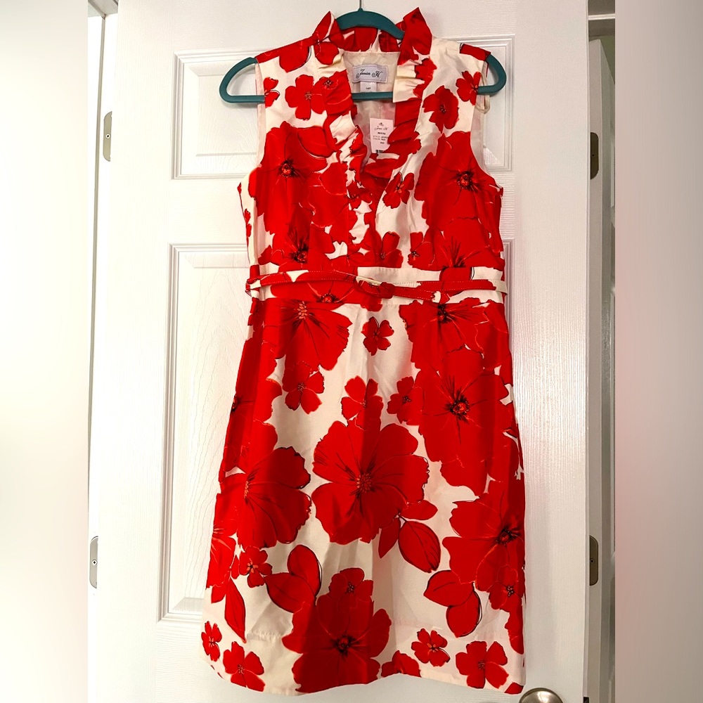 Gorgeous white with red poppies silk dress 14P